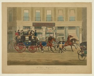 Duke of Beaufort Coach, alkaen Bull & Mouth, Regents Circus, Piccadilly, pub. 1841 (käsinvärinen akvatinta)